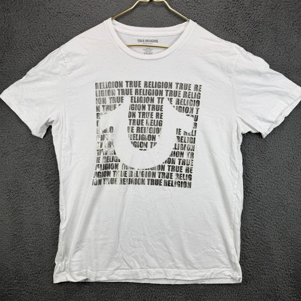 True Religion Mens 2XL White Graphic Horseshoe Logo Short Sleeve T-Shirt 108044
